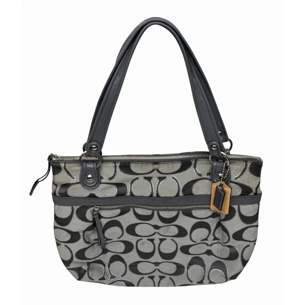 Coach Poppy Metallic Signature Sateen GlamTote J1221-18979 Gray Silver